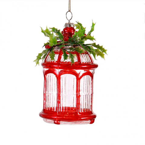 Фонарь красный стеклянный, ёлочное украшение